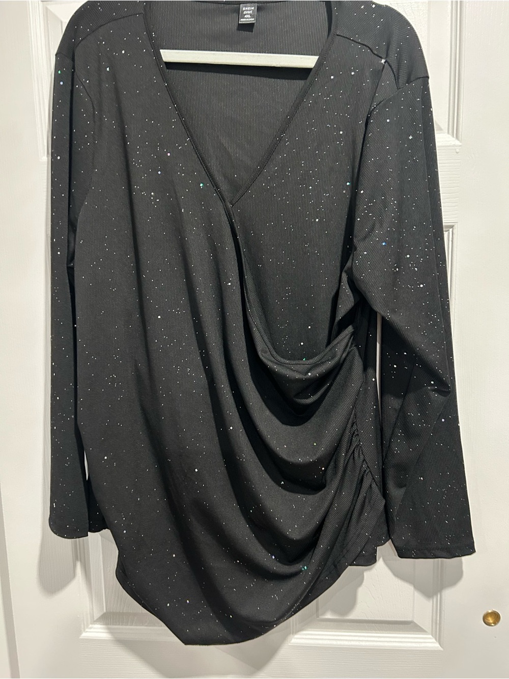 Plus Black Draped Sparkle Long-Sleeve Top